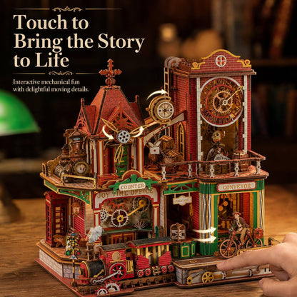 A detailed steampunk-style wooden model building with gears, clocks, a train, and a bicycle, shown on a wooden surface with a finger touching it. Text on the image reads 'Touch to Bring the Story to Life' and 'Interactive mechanical fun with delightful moving details.