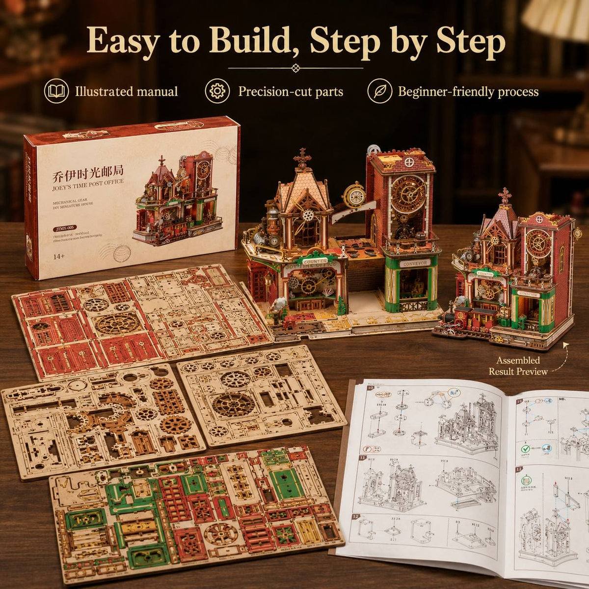A wooden model kit set displayed on a wooden table with its box, assembled clockwork building, loose pre-cut parts, and an open instruction manual. Text at the top reads 'Easy to Build, Step by Step' with feature callouts, and the product appears to be a DIY architectural/model building kit.