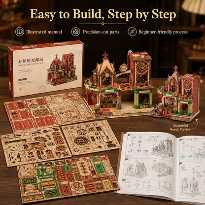 A wooden model kit set displayed on a wooden table with its box, assembled clockwork building, loose pre-cut parts, and an open instruction manual. Text at the top reads 'Easy to Build, Step by Step' with feature callouts, and the product appears to be a DIY architectural/model building kit.