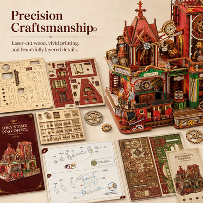 Steampunk-style wooden model kit set displayed on a beige background, including a detailed red and gold building structure, laser-cut wood panels, instruction sheets, gears, and a book titled "Joey's Time Post Office.".