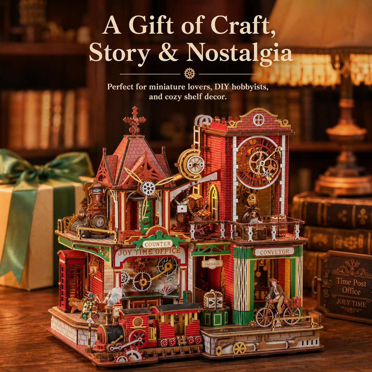A detailed miniature Victorian-era clockwork building set with gears, clocks, and tiny figures, displayed on a wooden table with books and a lamp in the background. Text at the top reads 'A Gift of Craft, Story & Nostalgia'.