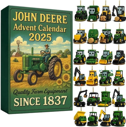 John Deere Advent Calendar 2025 with toy tractors and equipment on a white background