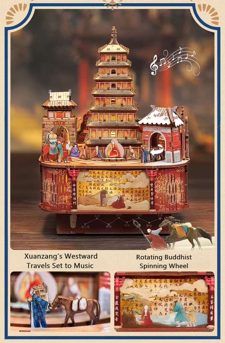 image displaying the figure and Buddhist spinning wheel rotate to music when the Journey to the West DIY Music Box Puzzle is on