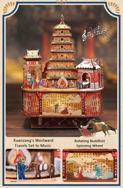 image displaying the figure and Buddhist spinning wheel rotate to music when the Journey to the West DIY Music Box Puzzle is on