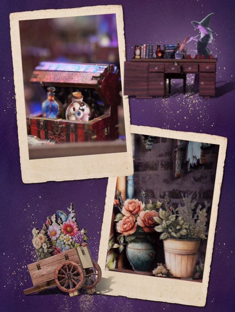 close-up details of Judy's Magic World DIY Wooden Book Nook kit