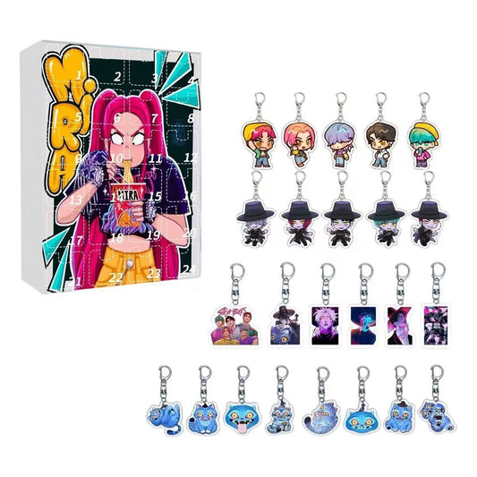 Collection of keychains and a box with cartoon character design on a white background