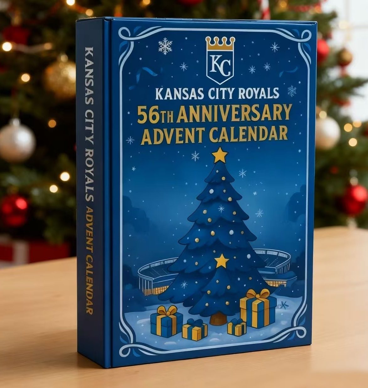 Kansas City Royals 56th Anniversary Advent Calendar with Christmas tree and presents design.