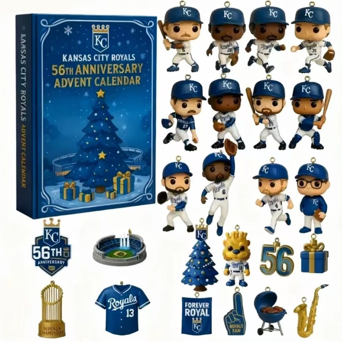 Kansas City Royals 56th Anniversary Advent Calendar with figurines and ornaments