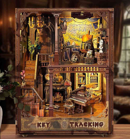 image displaying finished Key Tracking DIY Book Nook Kits on table, to showcase the intricate miniature Mystery Scene design