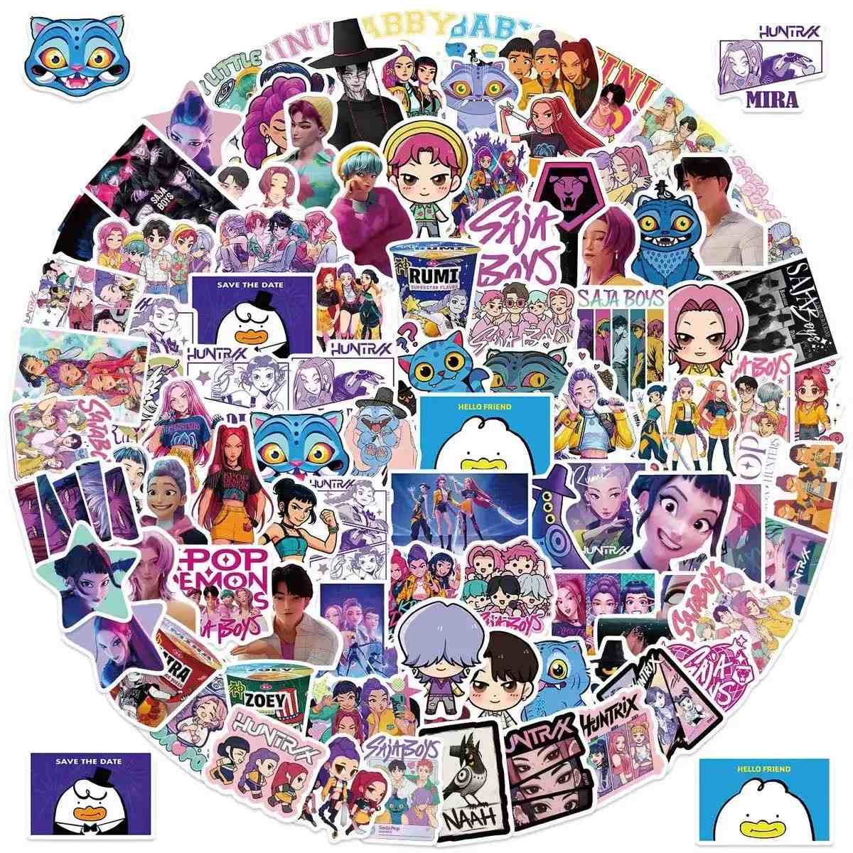 Collection of various stickers featuring animated characters and designs.