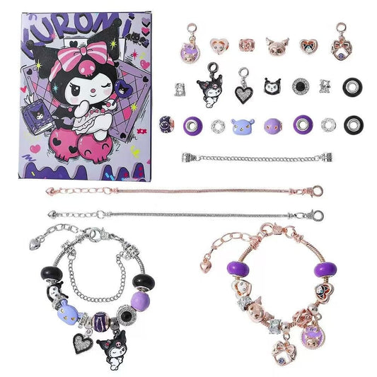 Collection of Kuromi-themed jewelry including charms, bracelets, and an advent calendar countdown box