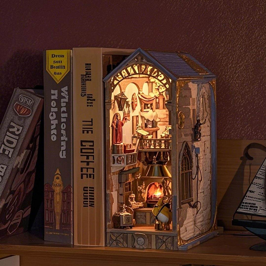 image displaying the finished assembled Leonardo Da Vinci DIY Book Nook Kit as a bookshelf decoration