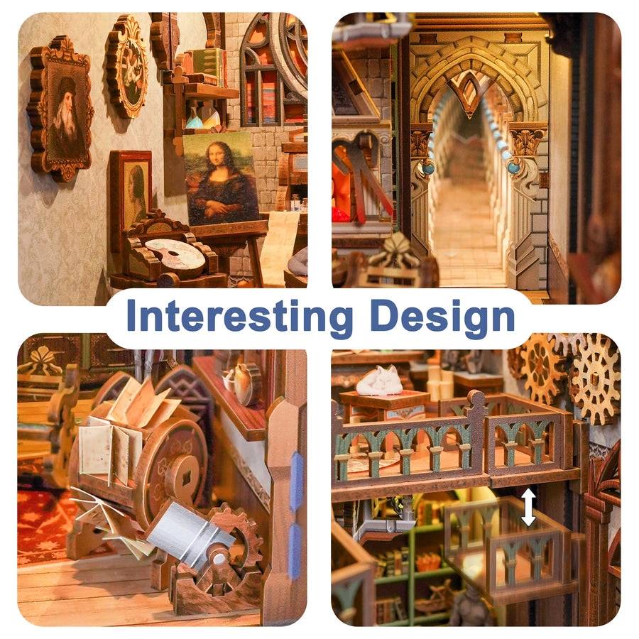 close-up of miniature details in Leonardo Da Vinci Book Nook