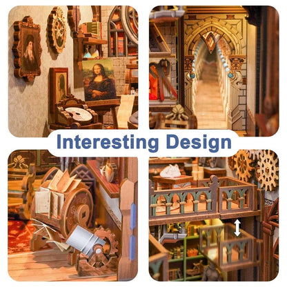close-up of miniature details in Leonardo Da Vinci Book Nook