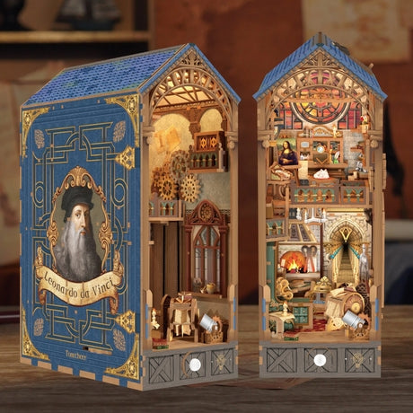 image displaying the front and side view of Leonardo Da Vinci DIY Book Nook Kit on table