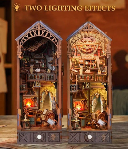image displaying two lighting effects of Leonardo Da Vinci Book Nook
