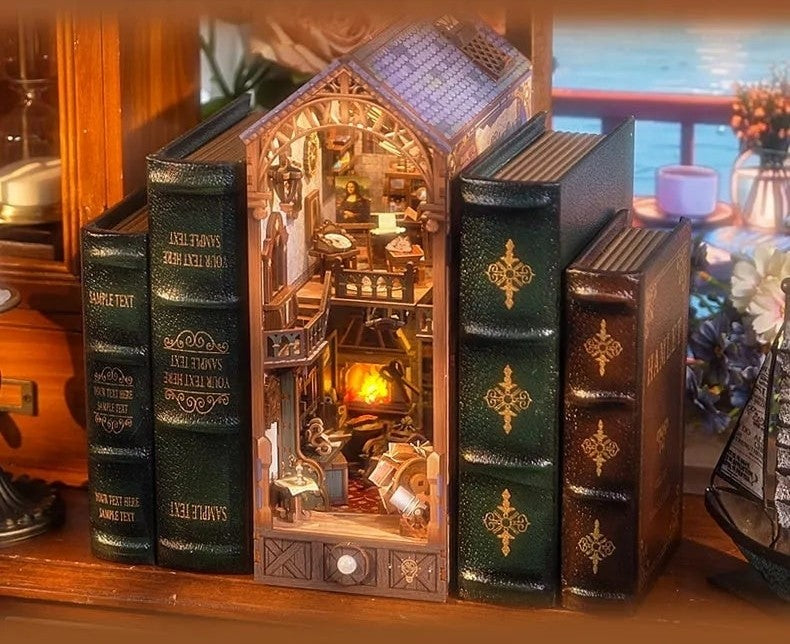 image displaying Leonardo Da Vinci DIY Book Nook as a bookshelf decoration