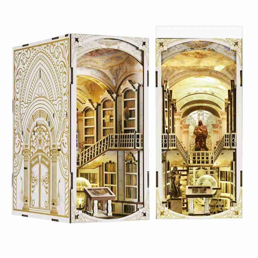 Library of Gods DIY Book Nook Kit, a miniature replica of the Admont Abbey library, featuring towering shelves filled with tiny books, a huge statue of a god, a crystal globe, and seven vaulted domes with frescoes. Perfect for bookshelf decor, and dollhouse collectors, or a gift for art lovers, history fans and DIY enthusiasts