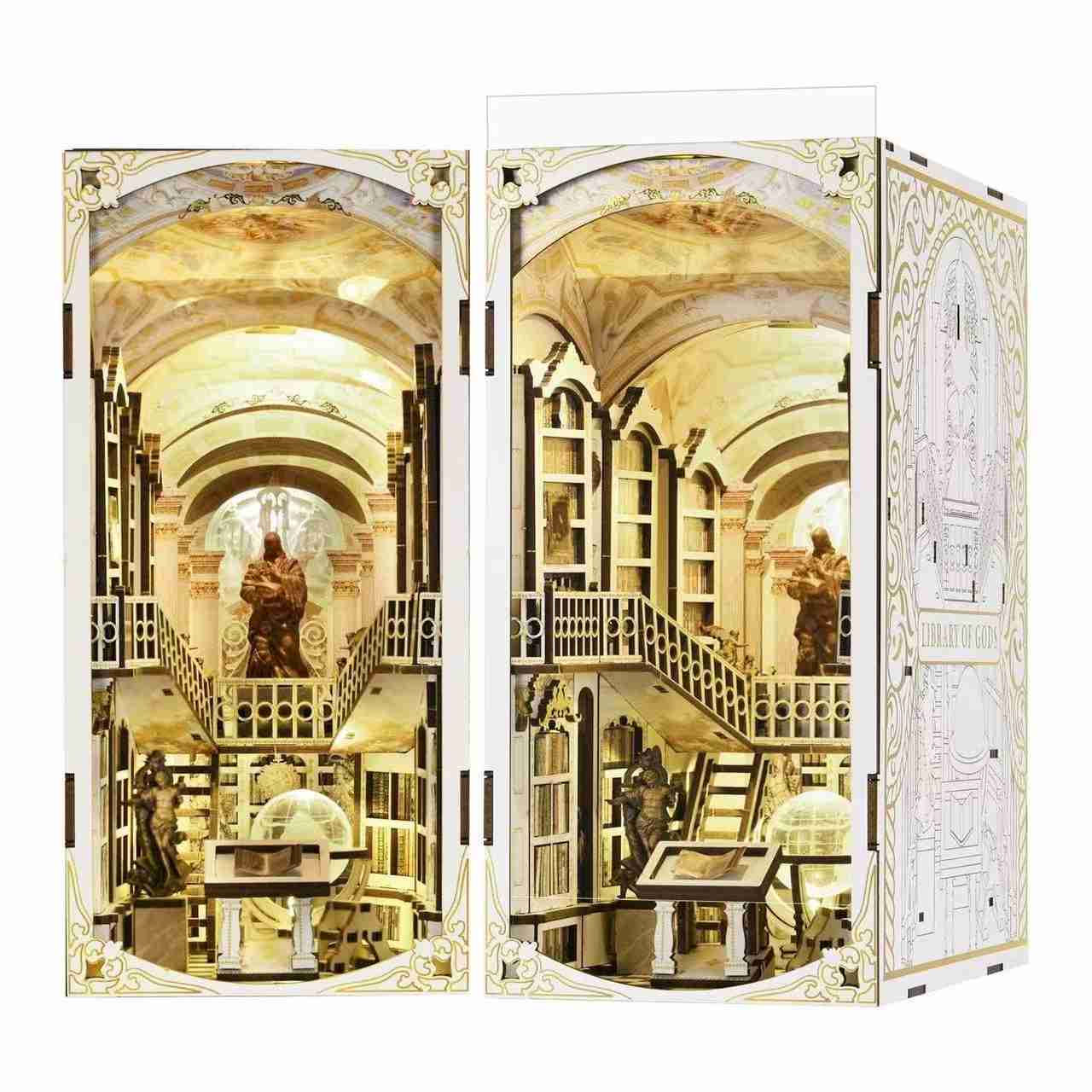 Library of Gods DIY Book Nook Kit, a miniature replica of the Admont Abbey library, featuring towering shelves filled with tiny books, a huge statue of a god, a crystal globe, and seven vaulted domes with frescoes. Perfect for bookshelf decor, and dollhouse collectors, or a gift for art lovers, history fans and DIY enthusiasts - right angle