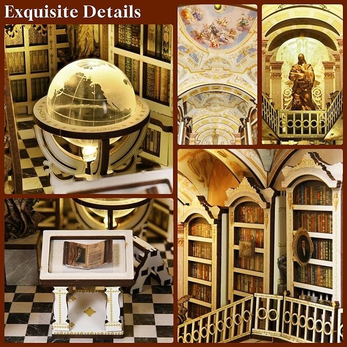 Library of Gods DIY Book Nook Kit, a miniature replica of the Admont Abbey library, featuring towering shelves filled with tiny books, a huge statue of a god, a crystal globe, and seven vaulted domes with frescoes. Perfect for bookshelf decor, and dollhouse collectors, or a gift for art lovers, history fans and DIY enthusiasts - details