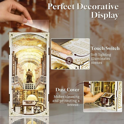 Library of Gods DIY Book Nook Kit, a miniature replica of the Admont Abbey library, featuring towering shelves filled with tiny books, a huge statue of a god, a crystal globe, and seven vaulted domes with frescoes. Perfect for bookshelf decor, and dollhouse collectors, or a gift for art lovers, history fans and DIY enthusiasts - dust cover and touch switch included