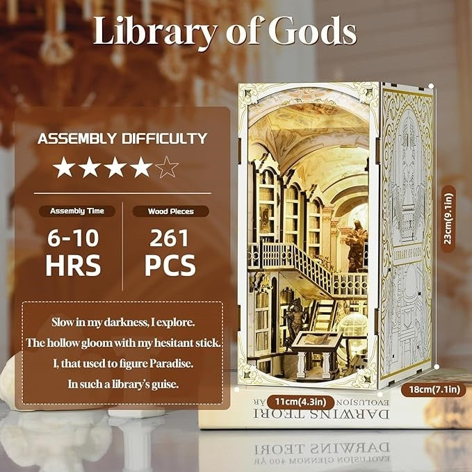 Library of Gods DIY Book Nook Kit, a miniature replica of the Admont Abbey library, featuring towering shelves filled with tiny books, a huge statue of a god, a crystal globe, and seven vaulted domes with frescoes. Perfect for bookshelf decor, and dollhouse collectors, or a gift for art lovers, history fans and DIY enthusiasts - information