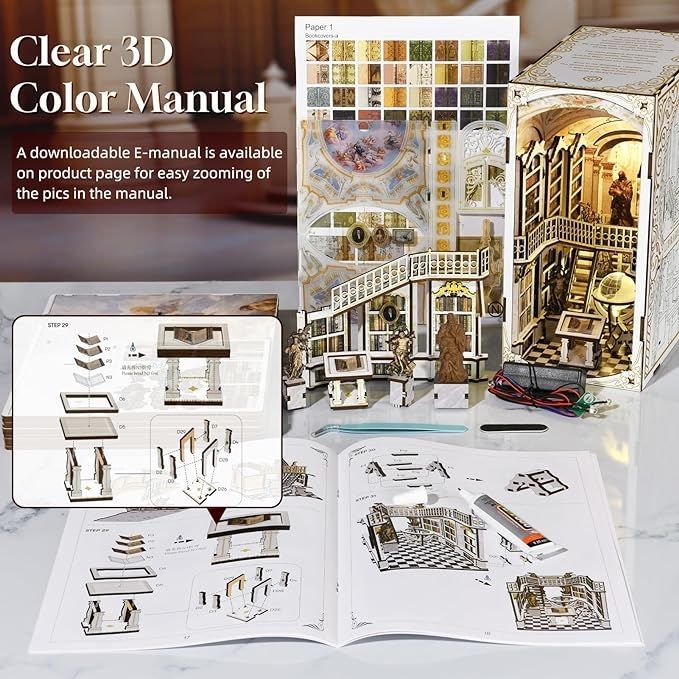 Library of Gods DIY Book Nook Kit, a miniature replica of the Admont Abbey library, featuring towering shelves filled with tiny books, a huge statue of a god, a crystal globe, and seven vaulted domes with frescoes. Perfect for bookshelf decor, and dollhouse collectors, or a gift for art lovers, history fans and DIY enthusiasts - 3D manual guide