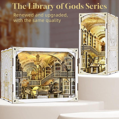 image displaying two book nooks the Library of Gods Series DIY Wooden Book Nook Kit