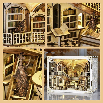 image displaying miniature scenes of the Library of Gods DIY Wooden Book Nook Kit 