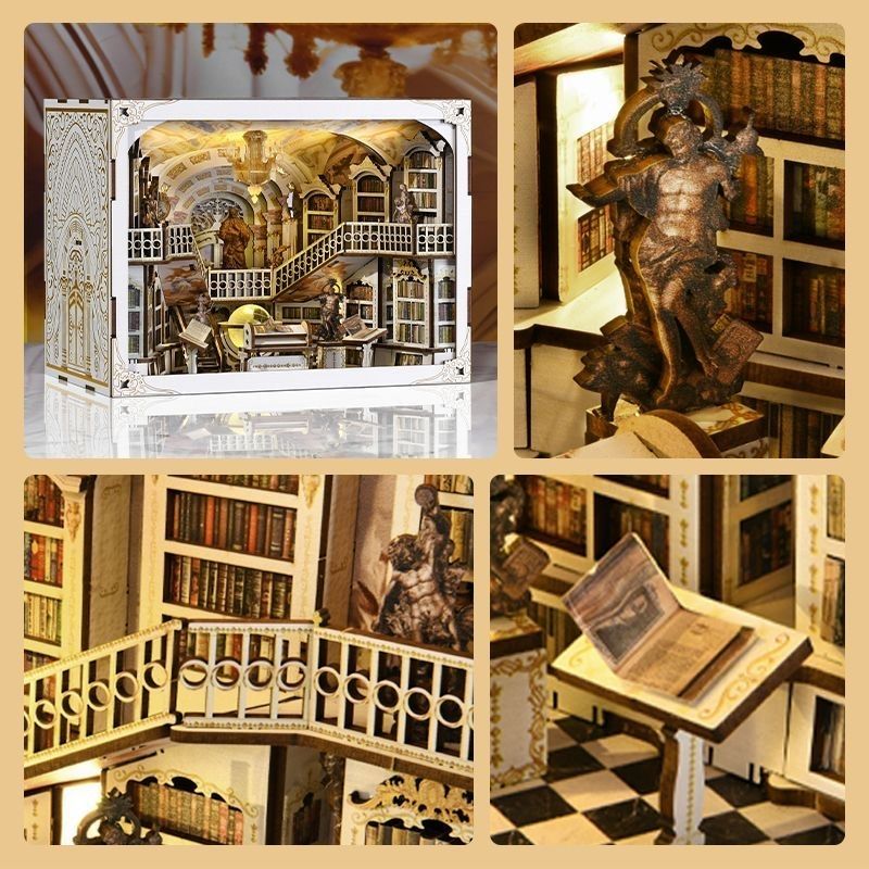 image displaying miniature scenes of the Library of Gods DIY Wooden Book Nook Kit