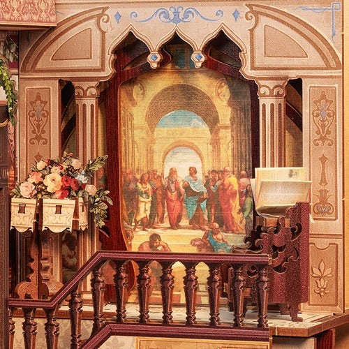 image displaying miniature famous frescoes in the assembled Library of Wisdom DIY Book Nook Kit