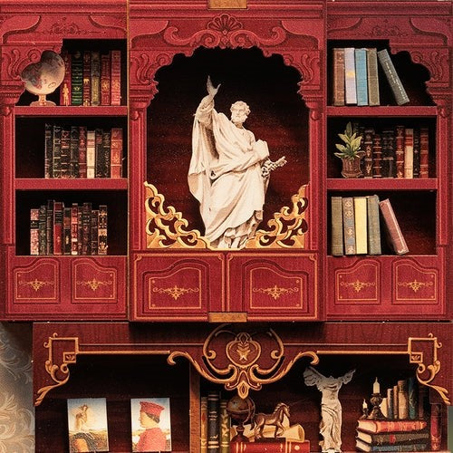 image displaying miniature iconic statues in the assembled Library of Wisdom DIY Book Nook Kit