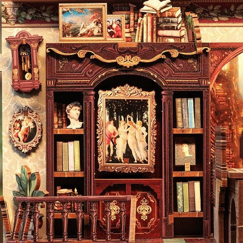 image displaying miniature celebrated paintings in the assembled Library of Wisdom DIY Book Nook Kit