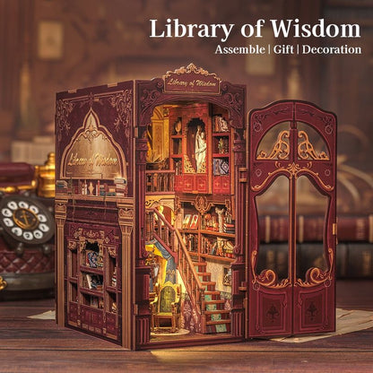 image displaying the assembled Library of Wisdom DIY Book Nook Kit with door open in a table setting