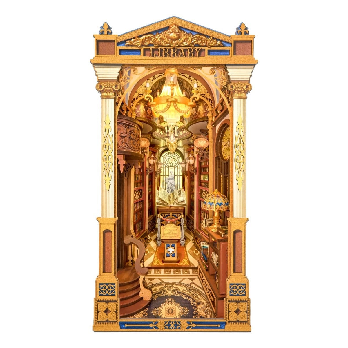 Decorative wooden book nook model of a Baroque library with intricate details on a white background