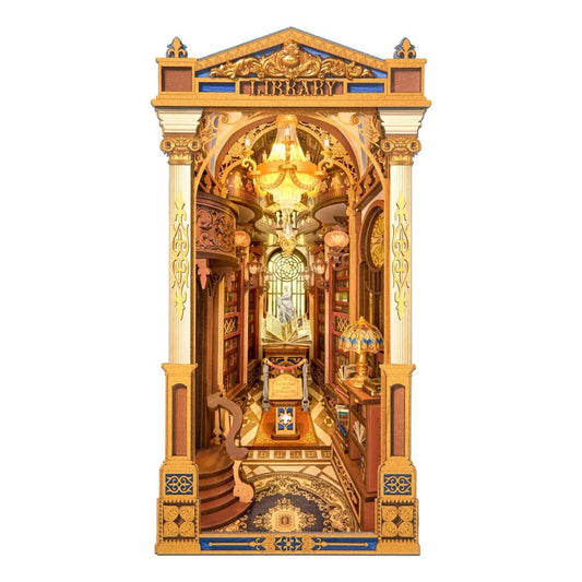 Decorative wooden book nook model of a Baroque library with intricate details on a white background