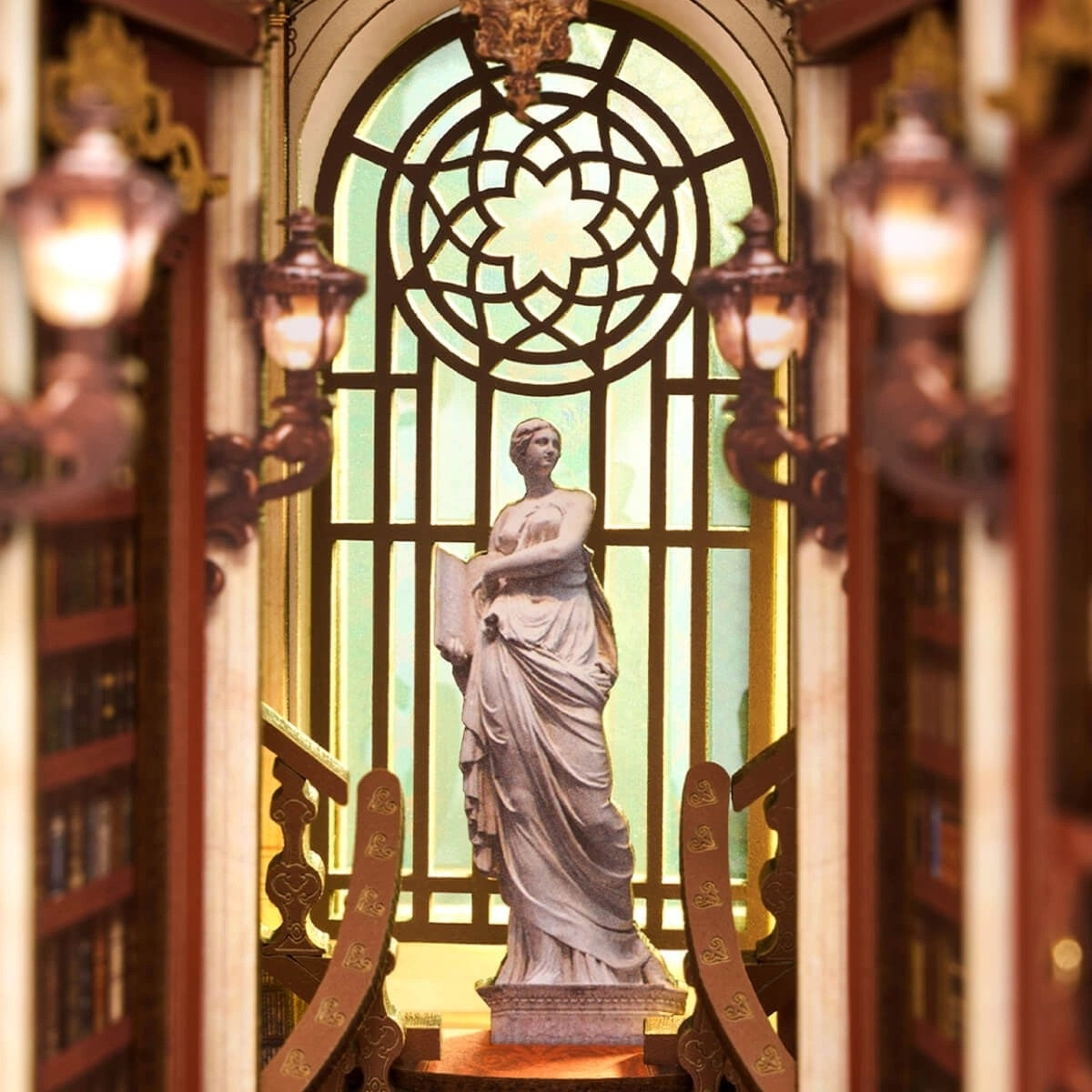 Miniature Statue of goddess in a miniature setting with stained glass window