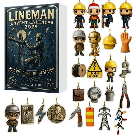 Lineman Advent Calendar 2025 with various lineman-themed figurines and decorations