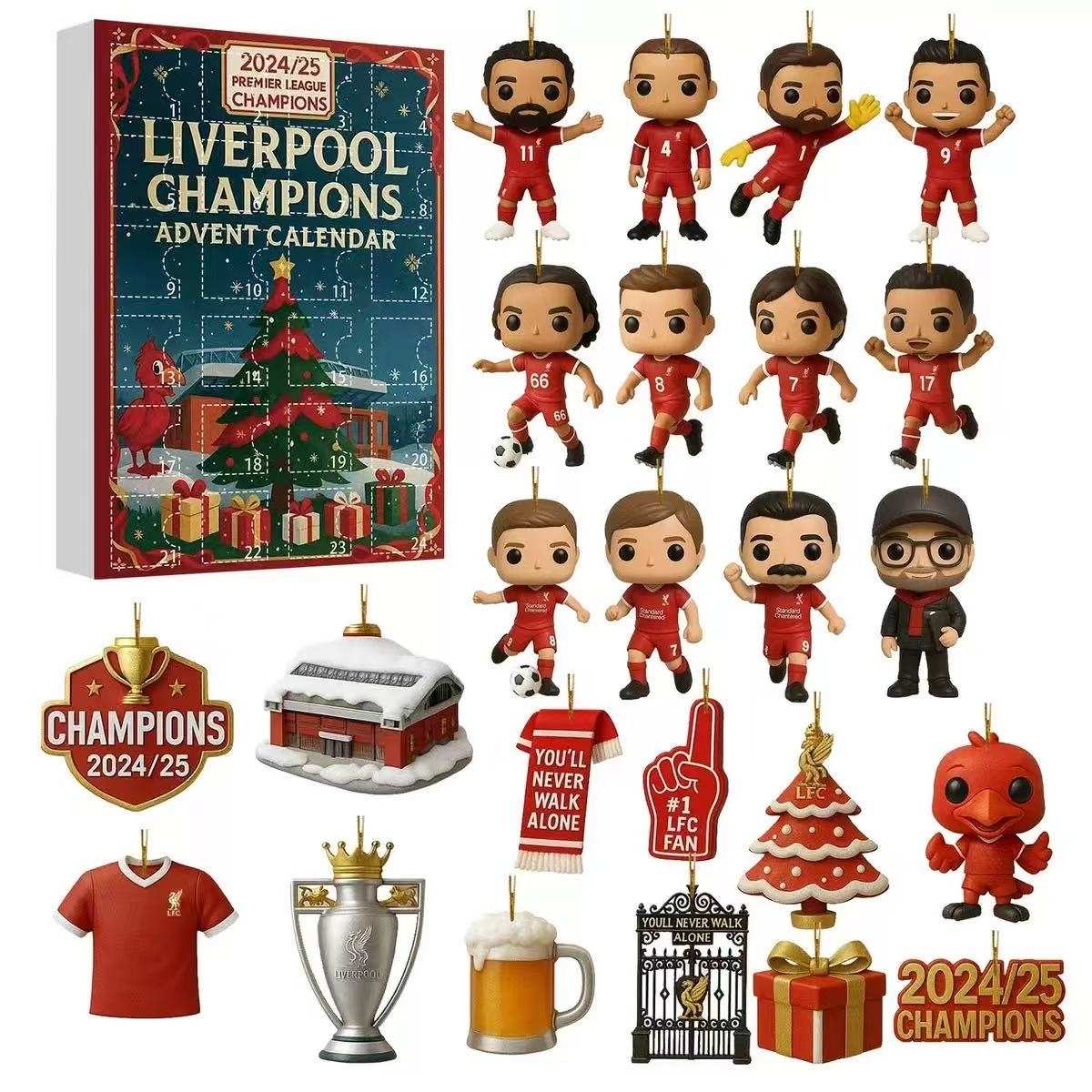 Liverpool Champions Advent Calendar with figurines and decorations on a white background