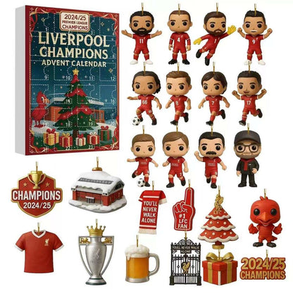 Liverpool Champions Advent Calendar with figurines and decorations on a white background