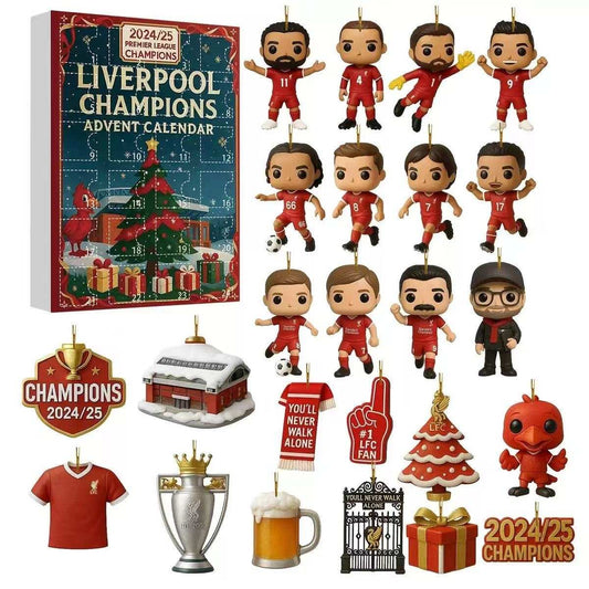 Liverpool Champions Advent Calendar with figurines and decorations on a white background