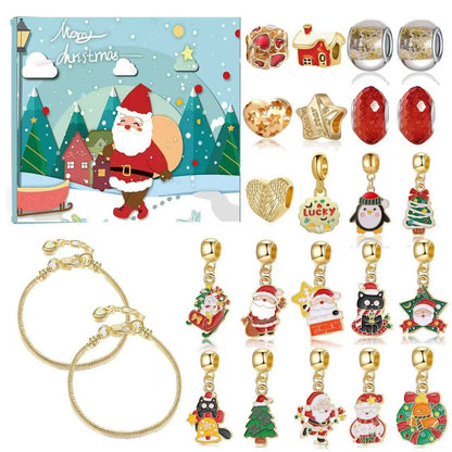 image displaying all the 22 charms and 2 bracelet and the package of Lucky Santa Advent Calendar DIY Bracelet Set 24 Days Christmas Countdown