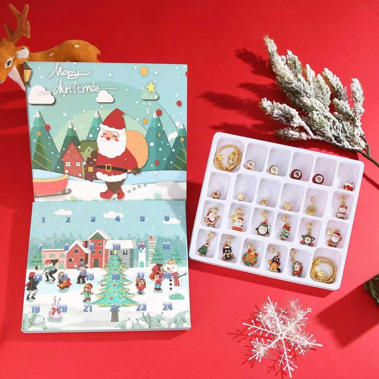 image displaying all the 22 charms and 2 bracelet of Lucky Santa Advent Calendar DIY Bracelet Set 24 Days Christmas Countdown in package box