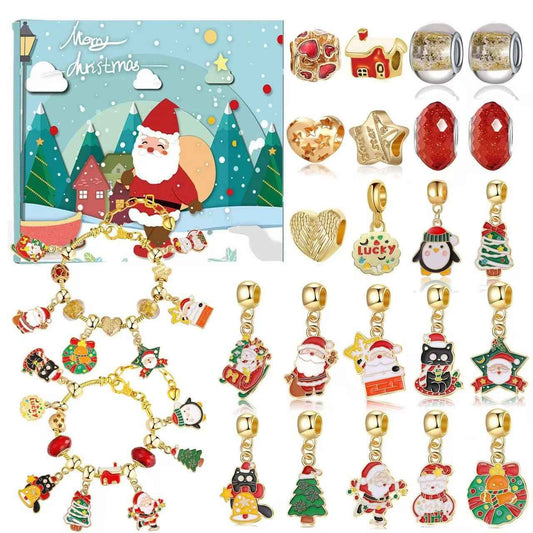 image displaying all the 22 charms and 2 finished bracelets and the package of Lucky Santa Advent Calendar DIY Bracelet Set 24 Days Christmas Countdown