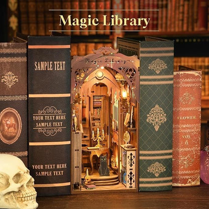 Magic Library DIY Book Nook kit inspired by Harry Potter. perfect for DIY crafting enthusiasts and dollhouse collectors alike. Ideal for bookshelf decor of gift for music or wizarding world lovers