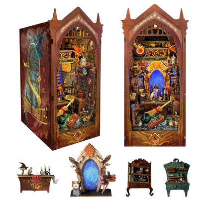 mage displaying the left and front side, and miniature furniture of  Magic Academy DIY Wooden Book Nook Kit in white background