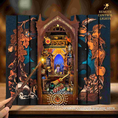 image displaying the remote control magic wand is lighting up the Magic Academy DIY Wooden Book Nook Kit close to sensing area in front of the book nook