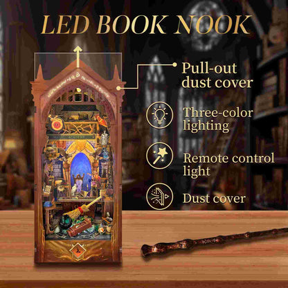 image displaying an acrylic dust cover of Magic Academy DIY Wooden Book Nook Kit is slotting in