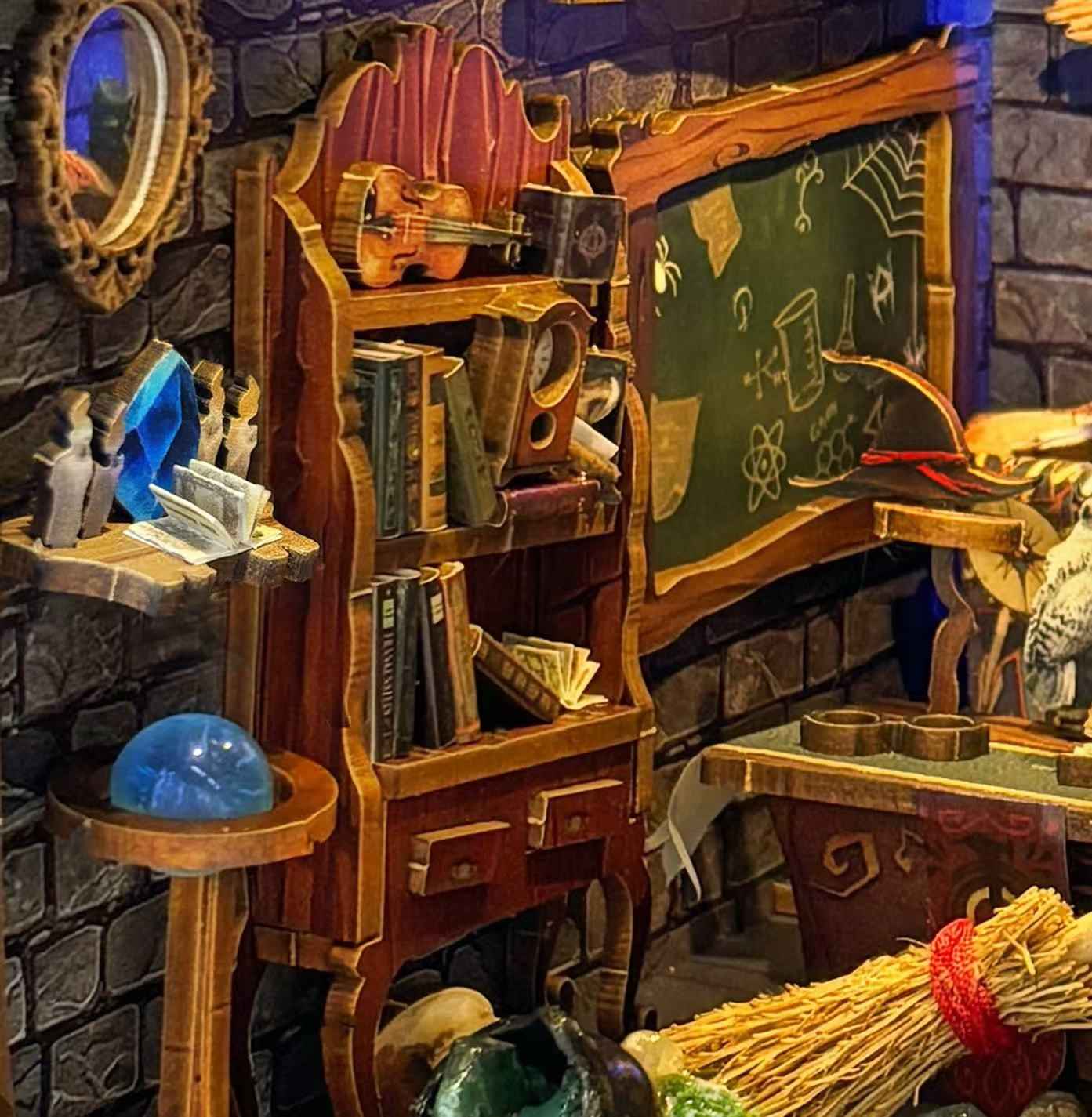 close up miniature scenes of the right side in Magic Academy DIY Wooden Book Nook Kit