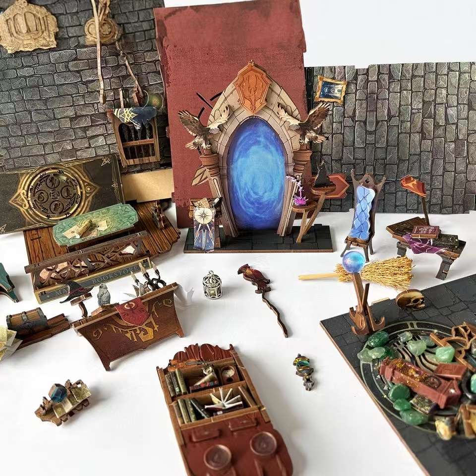 miniature items of Magic Academy DIY Wooden Book Nook Kit are placed on table